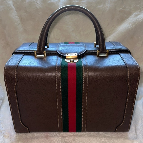 GUCCI Brown Gucci web Train case Authentic Rare Vintage w/ keys Clean Pristine - Picture 1 of 13